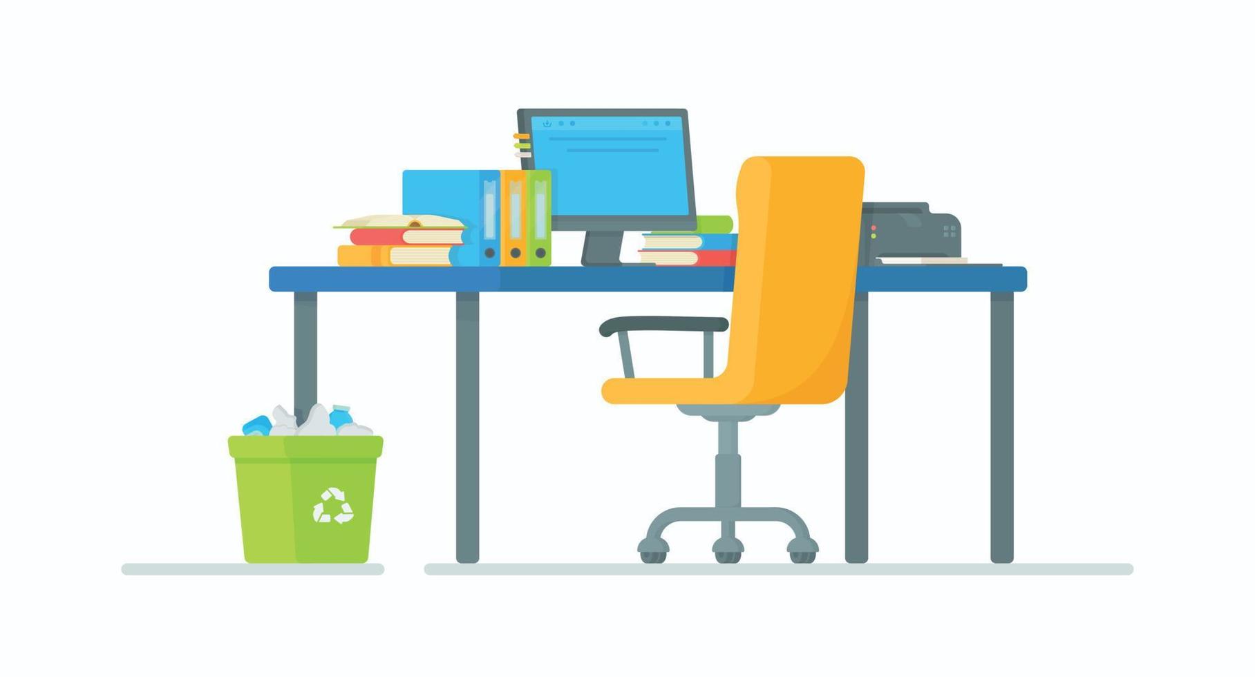 Vector illustration of a young schoolboy's study table. The desk is full of homework.