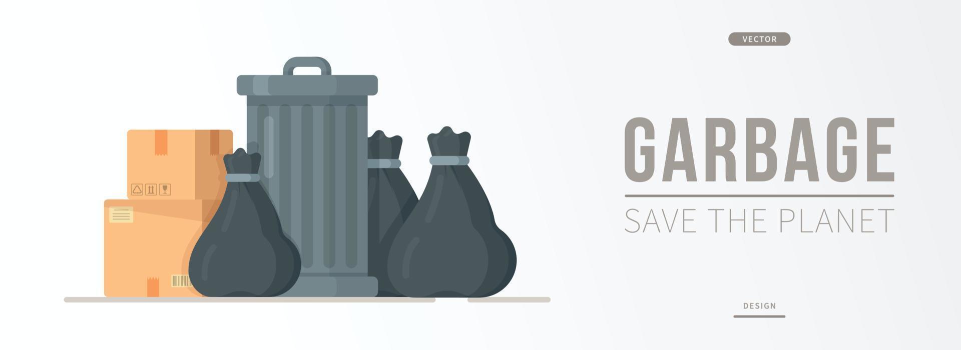 Vector illustration of black trash bags standing near a trash can. The concept of garbage.