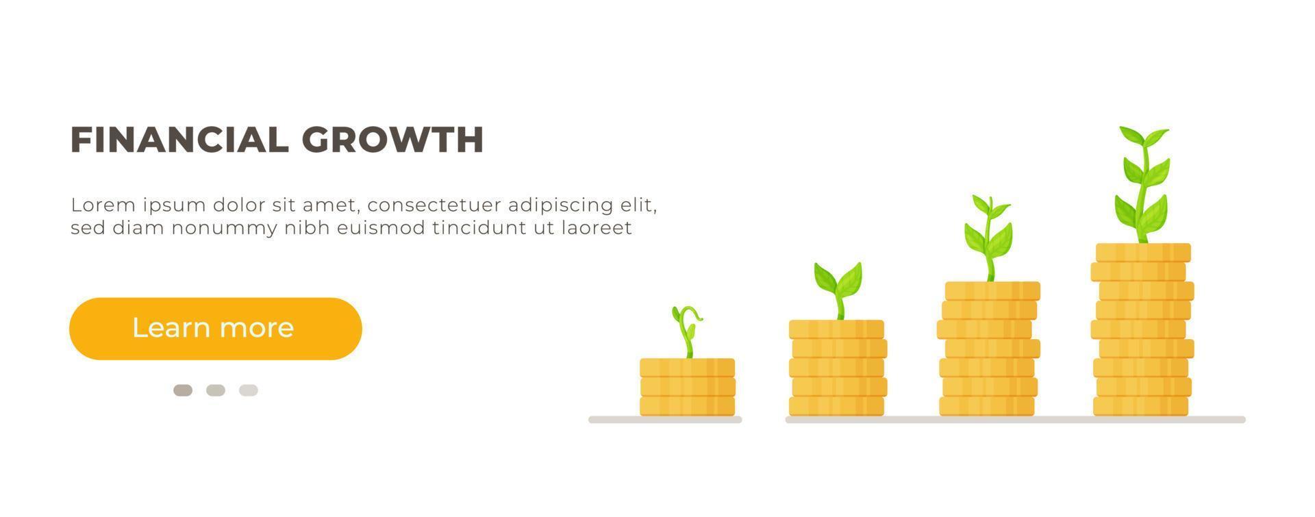 Four stacks of coins with upward growth. Vector illustration of a website about financial literacy. Banner template.