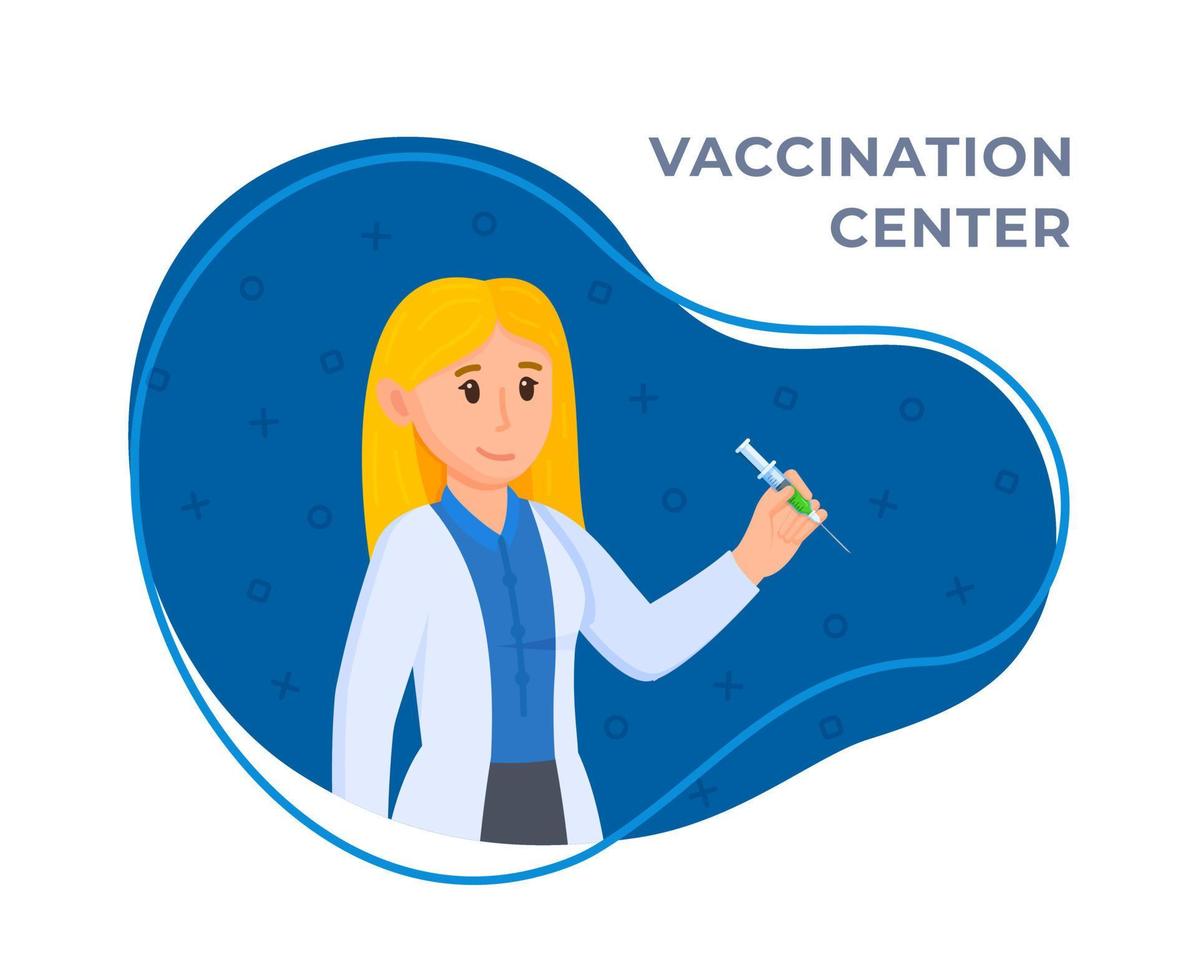 Vector illustration of vaccination doctor. Young female doctor with a syringe in her hand.
