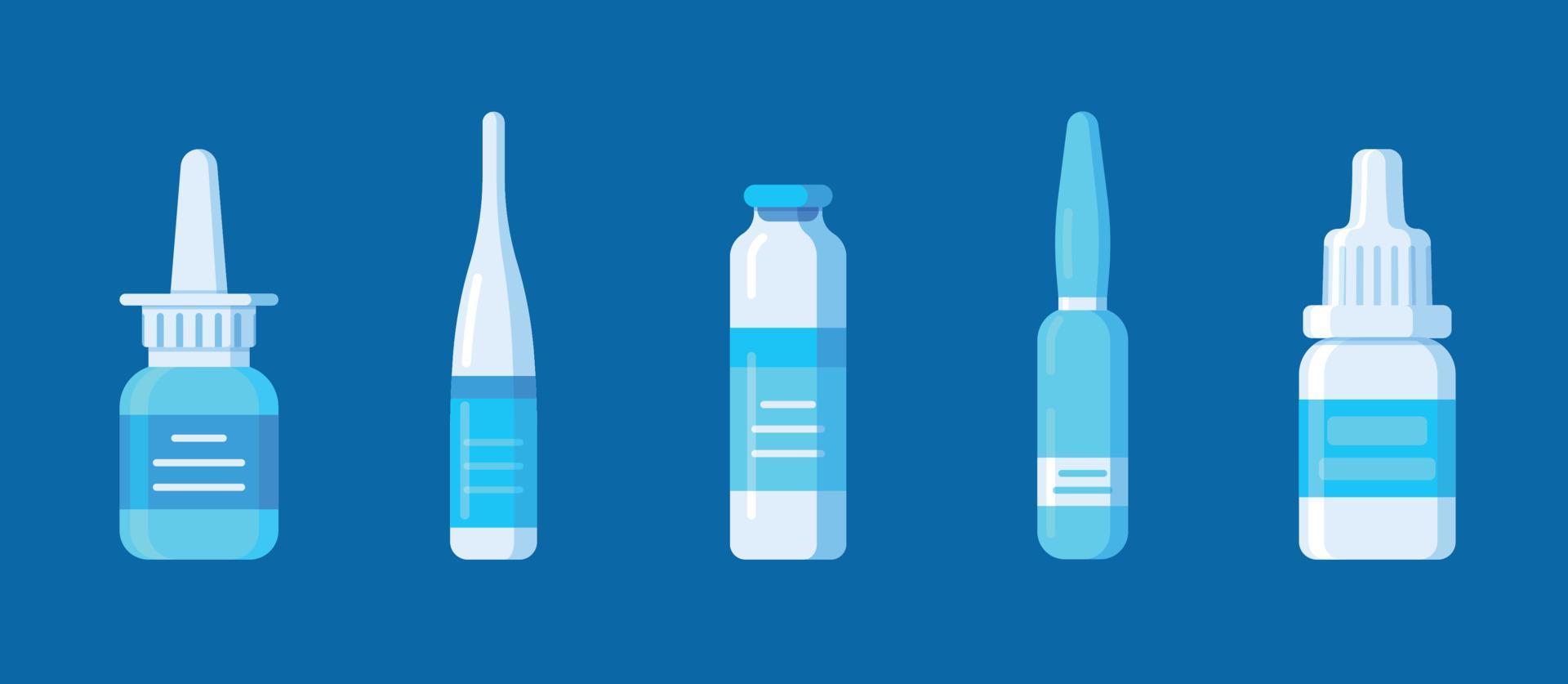 ilustración vectorial de un conjunto de productos farmacéuticos. productos médicos sobre fondo azul. vector