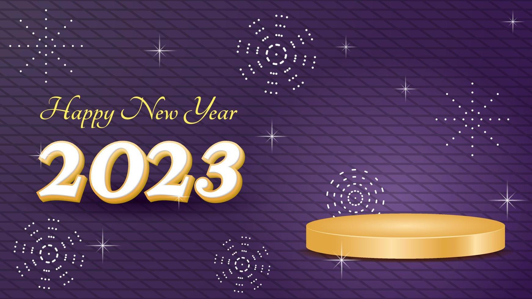 happy new year 2023 banner design with gold podium and dark purple background. for promotion, greeting and advert vector