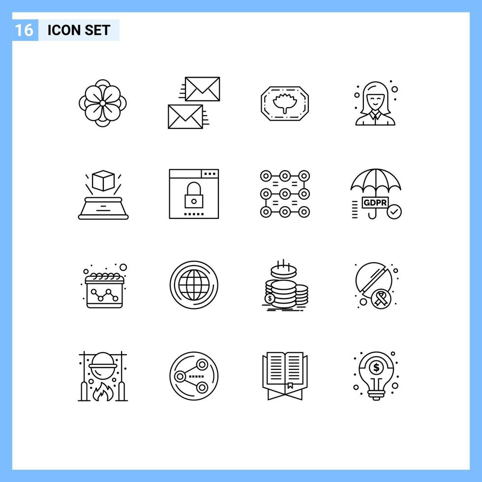 Group of 16 Outlines Signs and Symbols for hologram woman envelope student female Editable Vector Design Elements