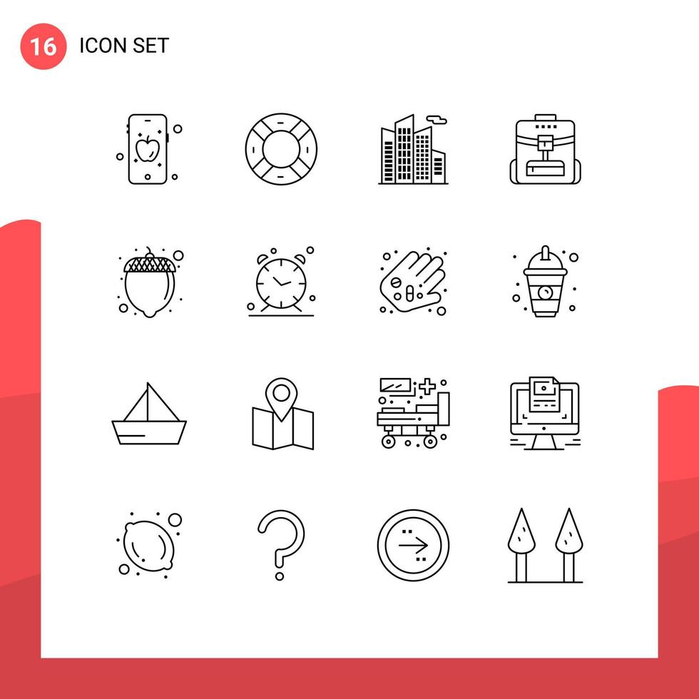 Set of 16 Modern UI Icons Symbols Signs for alarm hazelnut office food school Editable Vector Design Elements
