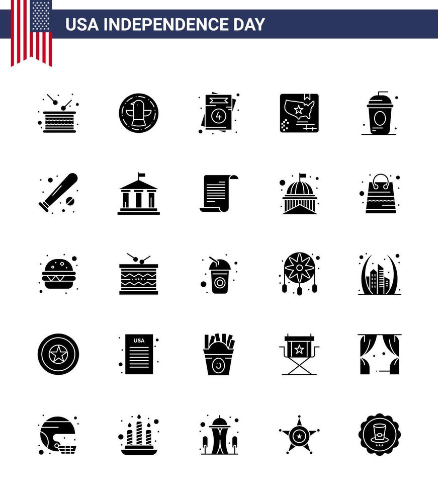 USA Independence Day Solid Glyph Set of 25 USA Pictograms of cake map eagle flag wedding Editable USA Day Vector Design Elements