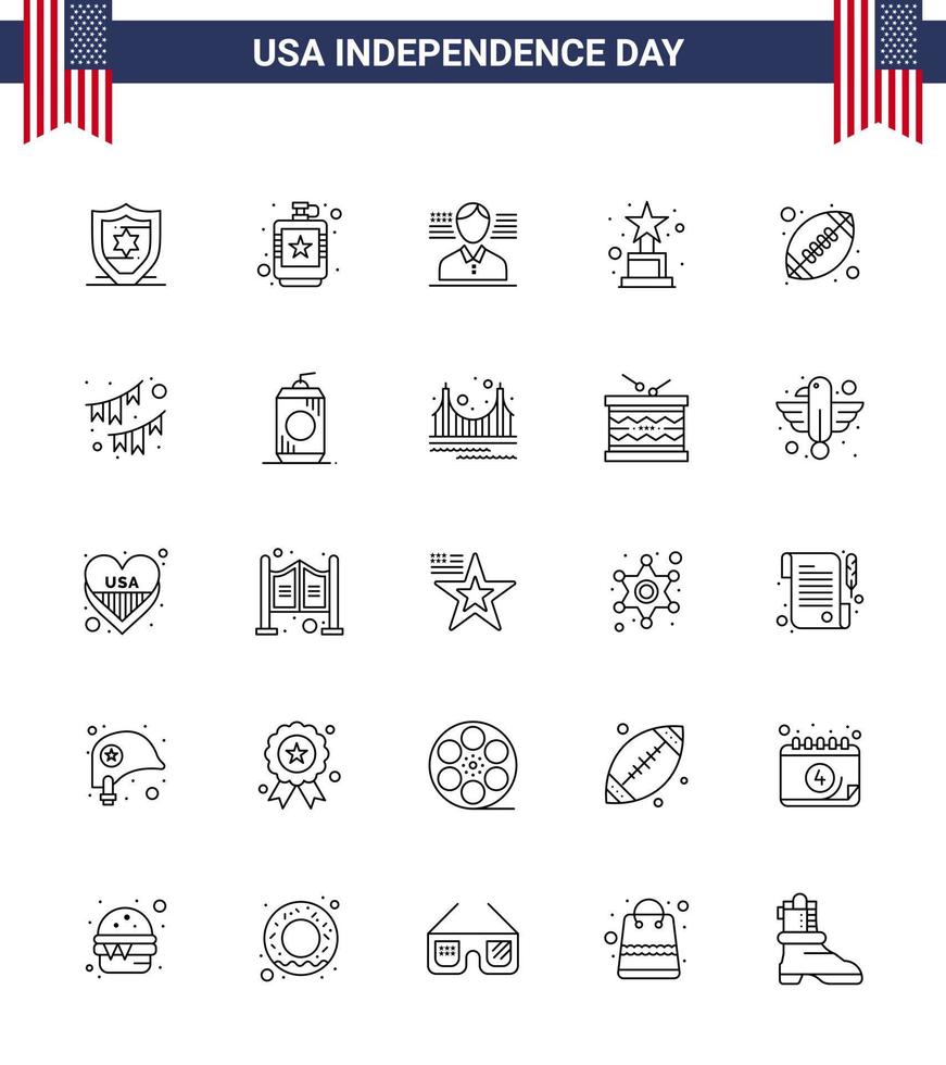 feliz día de la independencia paquete de iconos de 25 líneas para web e impresión american ball rugby man ball premio editable usa day elementos de diseño vectorial vector