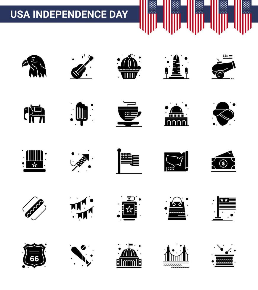 Big Pack of 25 USA Happy Independence Day USA Vector Solid Glyph and Editable Symbols of big gun usa american sight landmark Editable USA Day Vector Design Elements