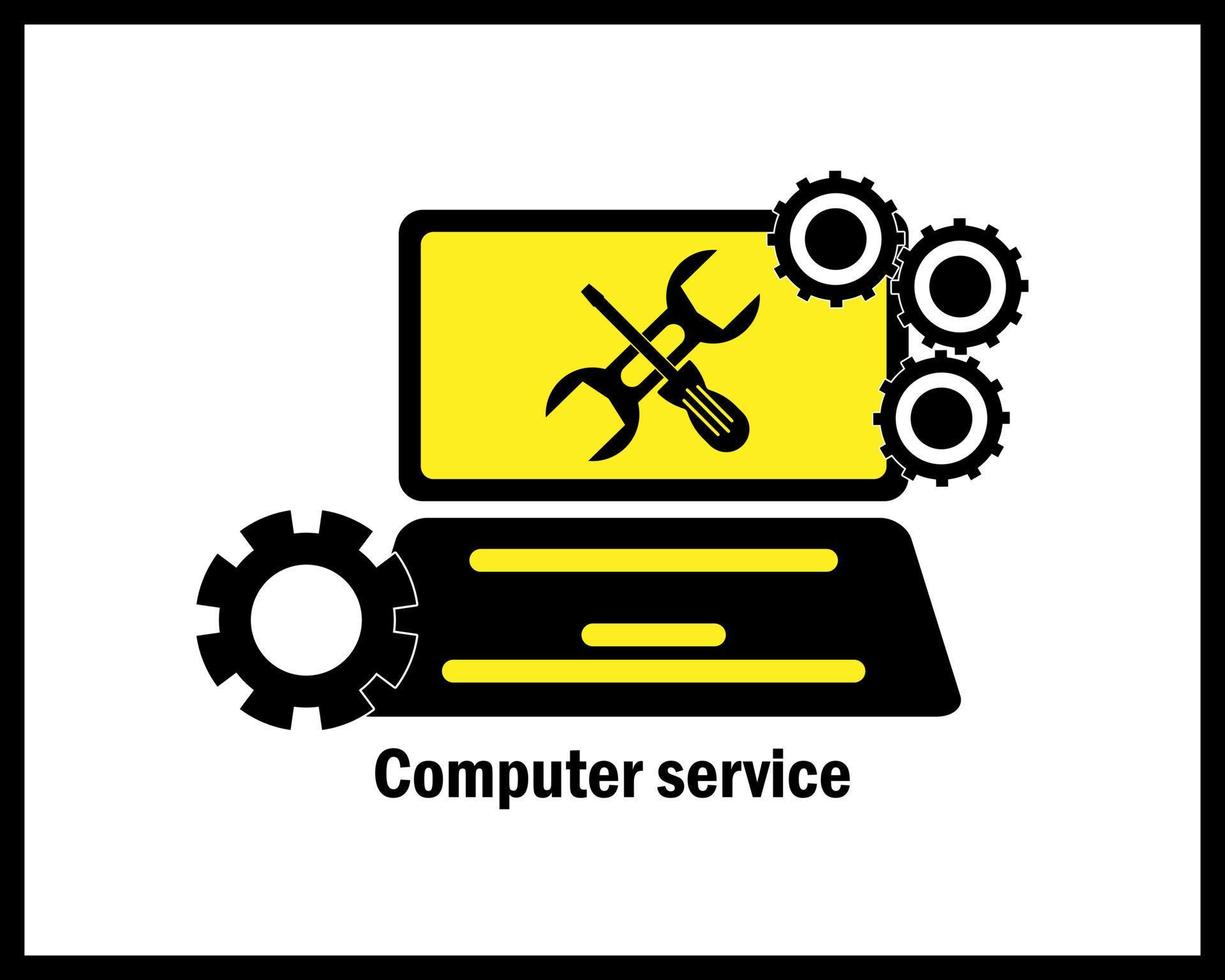 ícono de servicio para todo tipo de computadoras en tonos negros y amarillos en un fondo blanco vector