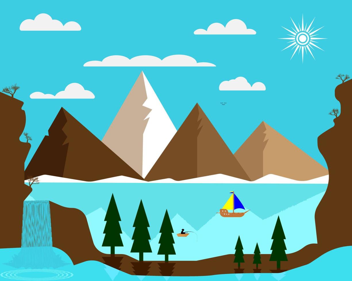 mountains sun lake boat fisherman vector