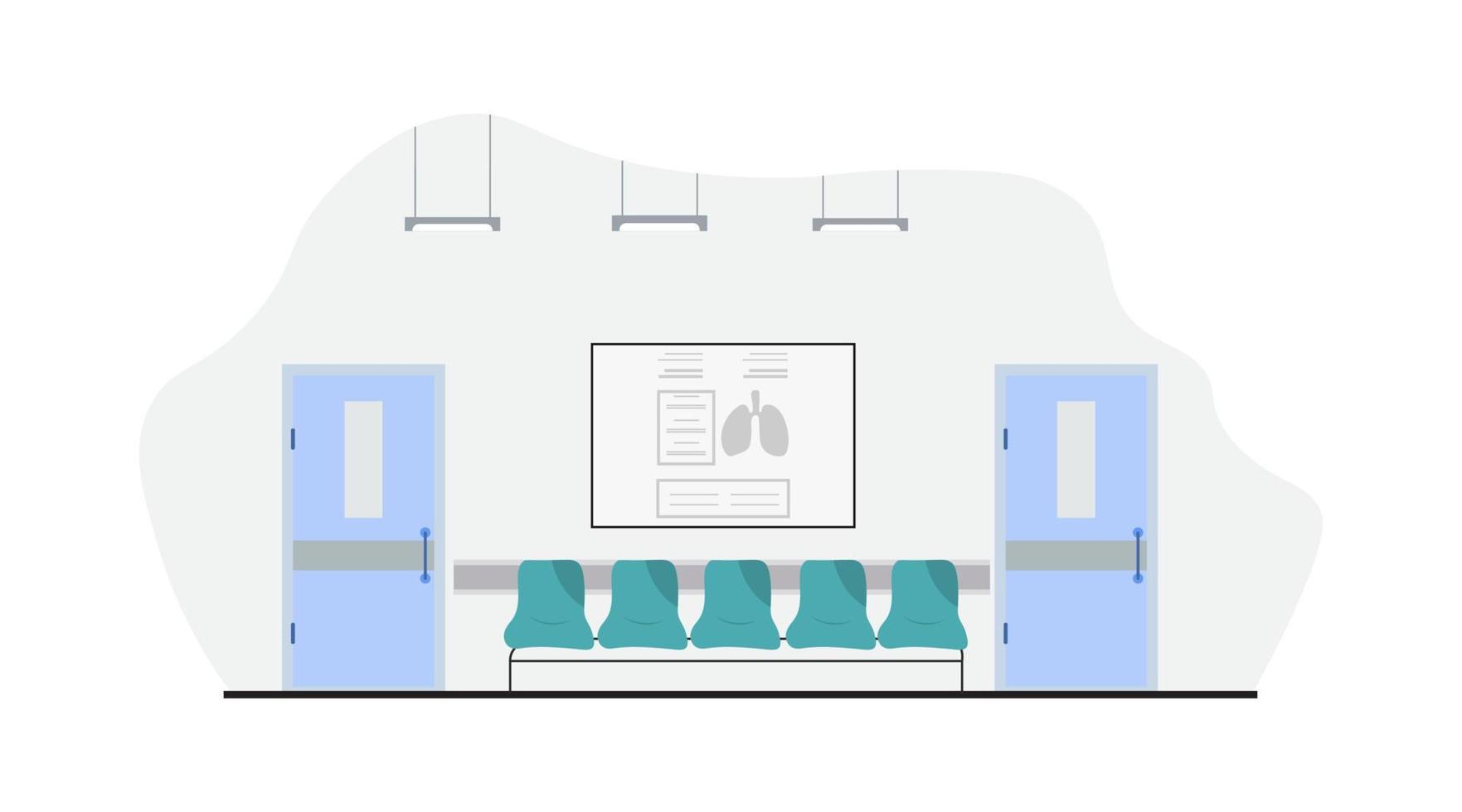 Waiting hall room interior for patient in Hospital. Modern hospital reception interior with furniture and equipment. Vector illustration.