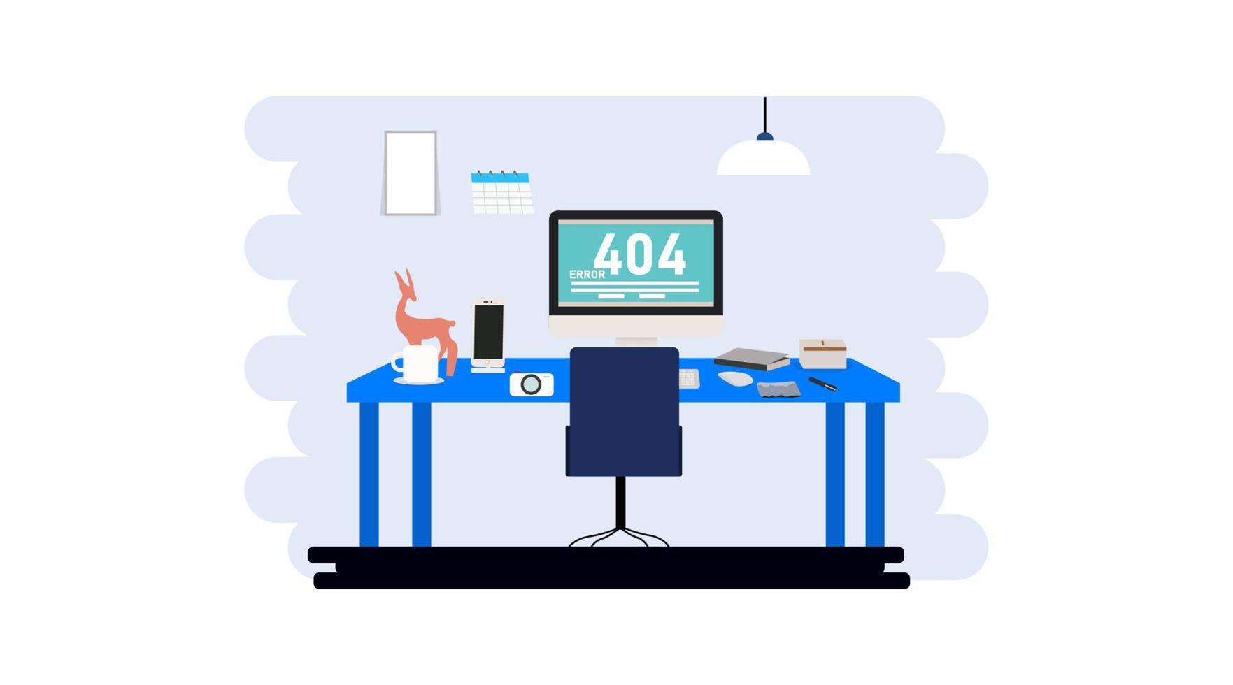 mesa en la sala de oficina vacía. trabajo en casa, lugar de trabajo de oficina en casa. interior de habitación de apartamento plano de dibujos animados con computadora en la mesa para trabajo a distancia independiente, silla cómoda. vector