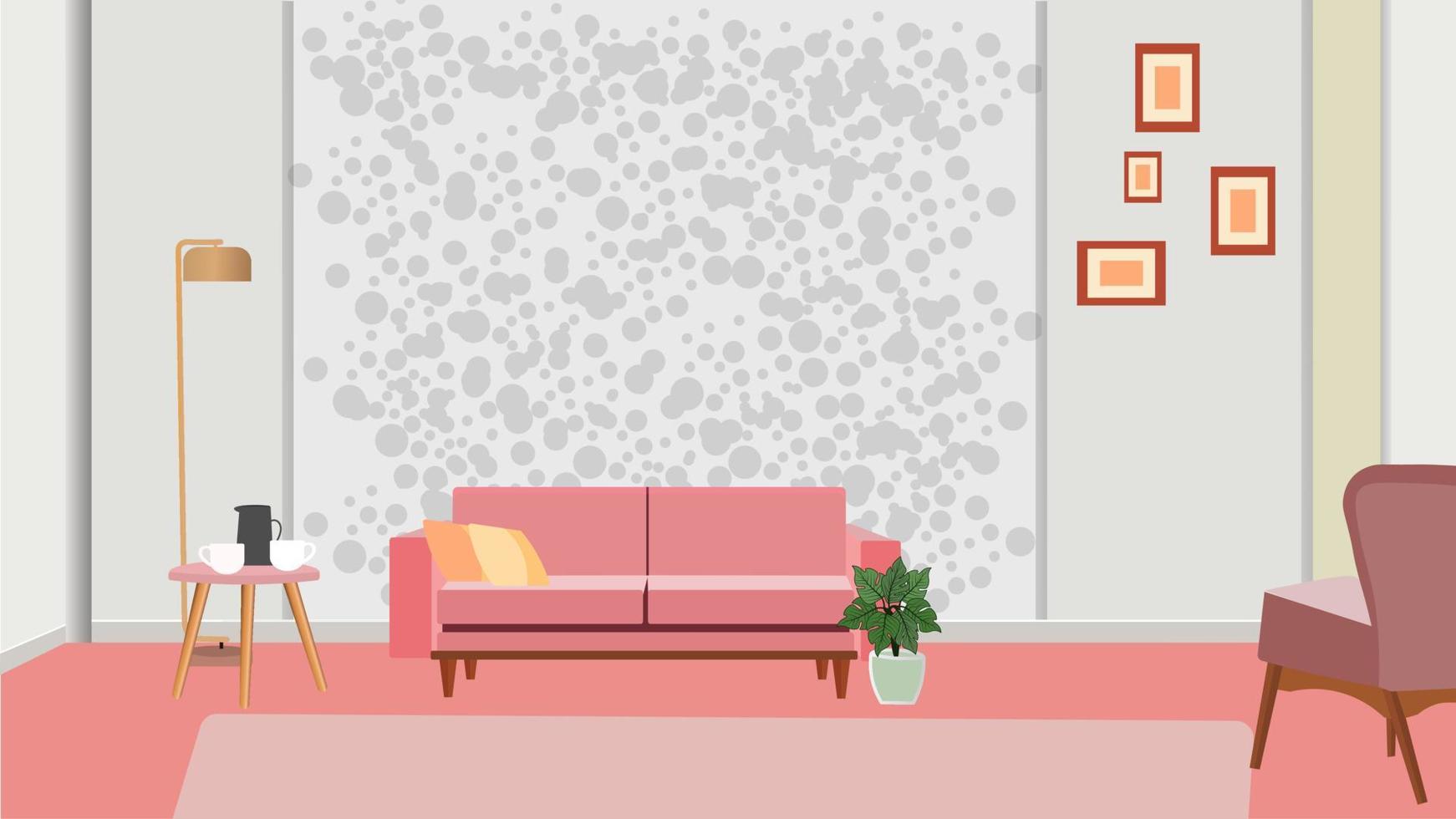 muebles. interior. salón con sofá, mesa, lámpara, cuadros, ventana. vector. la ilustración de vector de comedor y sala de estar