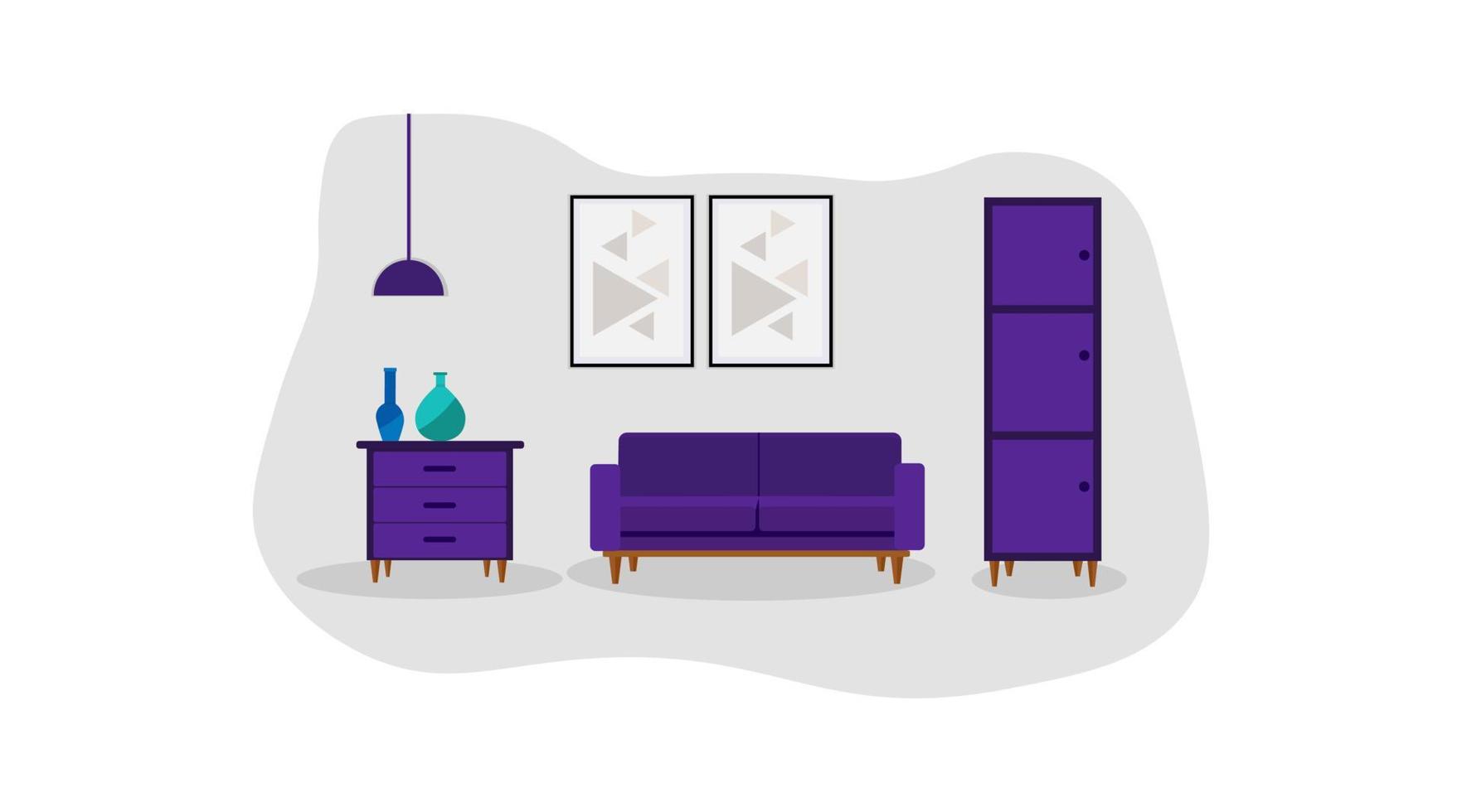 Salón con sillón y televisión. ilustración de vector de estilo plano. interior de la sala de estar con muebles, ilustración de vector de dibujos animados plana