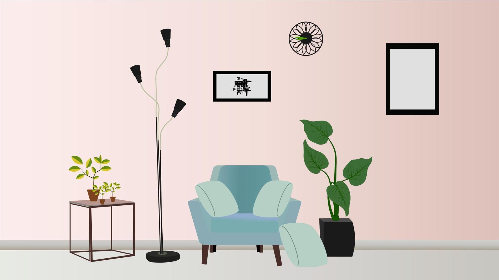 Living room interior.Modern flat illustration with livingroom interior in pastel pink colors, light background for concept design vector