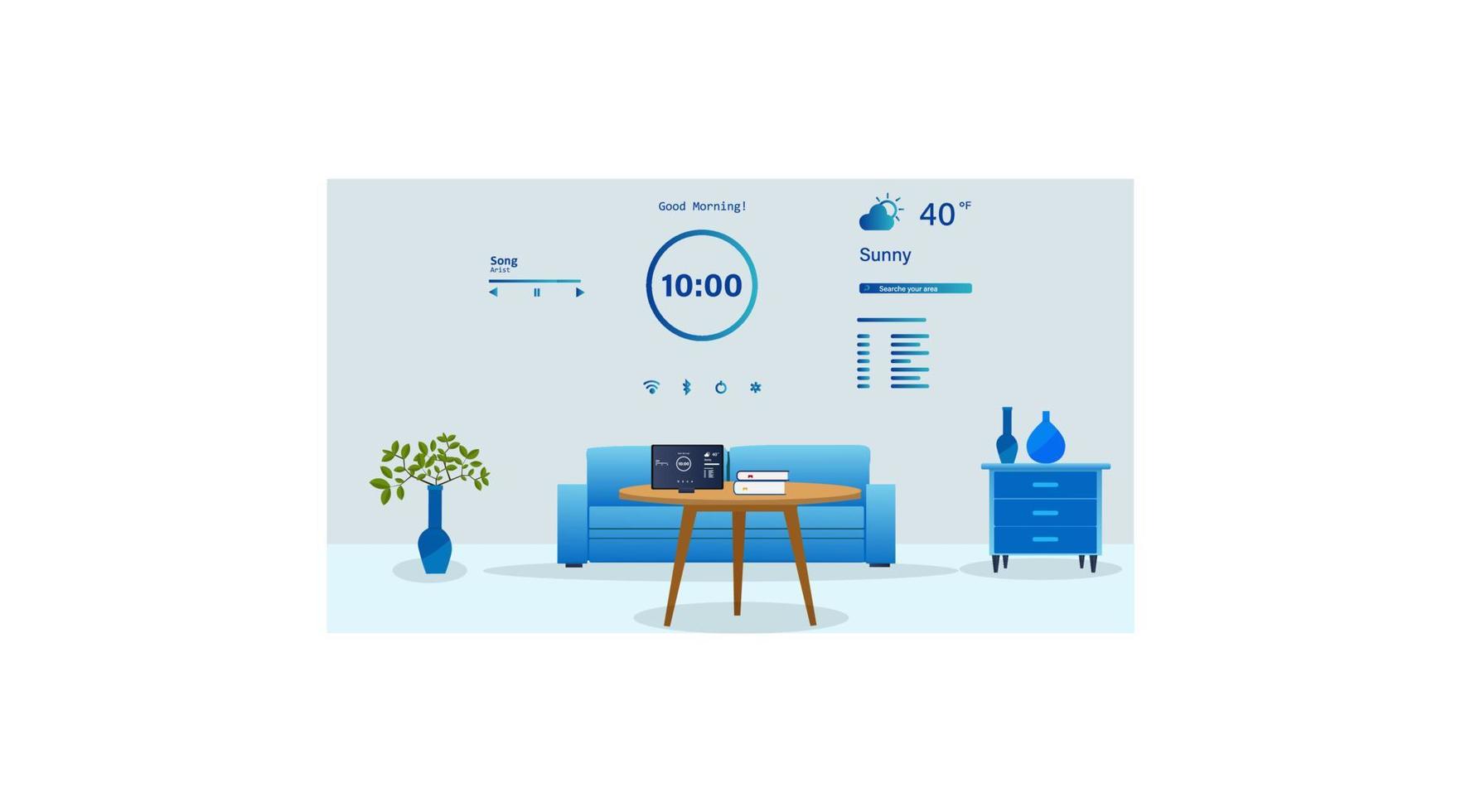 salón inteligente. proyecto de pared reloj, sistema de control de clima, reproductor de música, sofá, lámpara de mesa vector