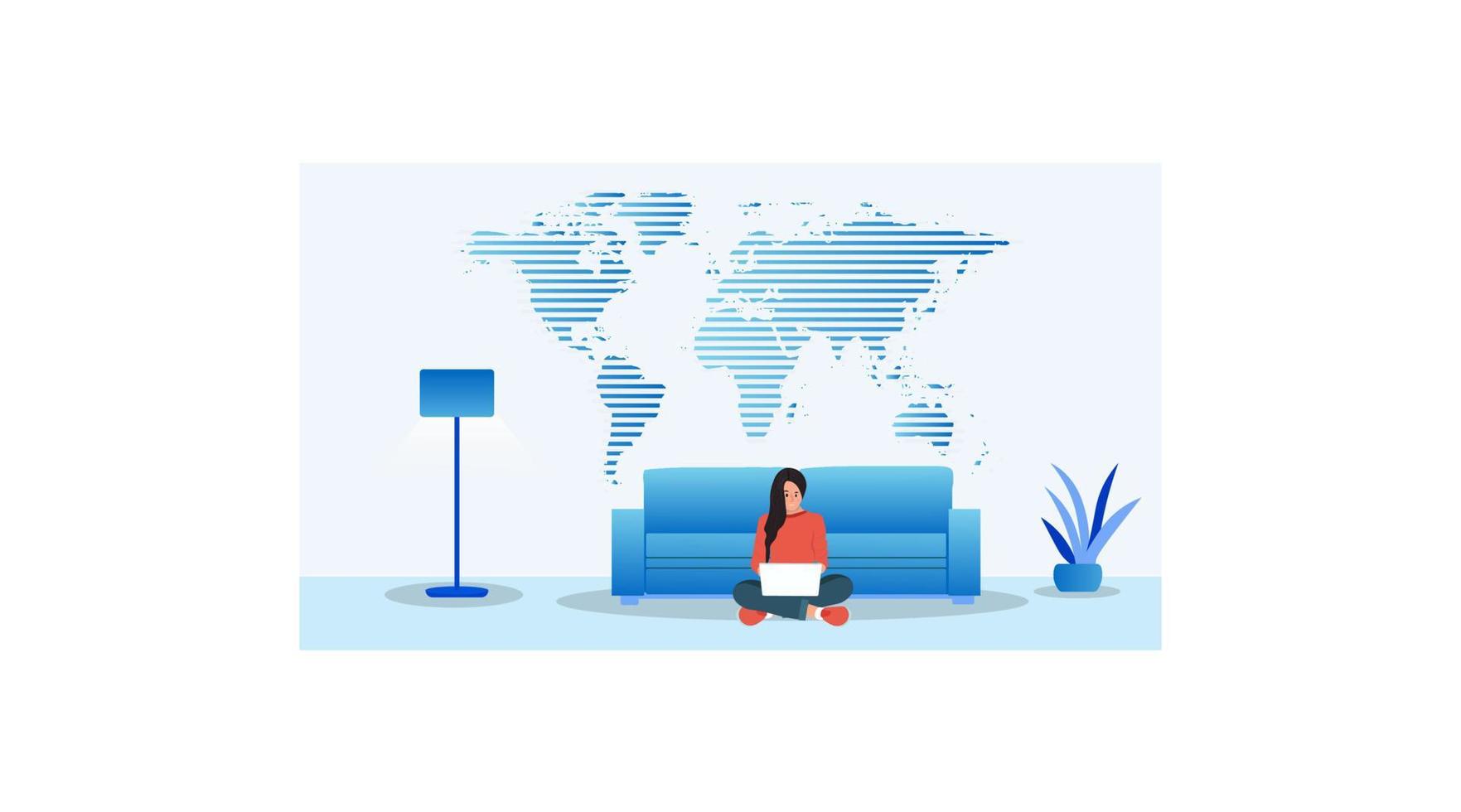 young women working  with laptop in smart living room. wall back ground world map .  sofa, lamp table .Home office concept vector