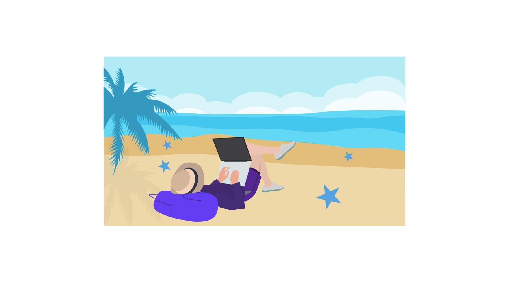 Vector cartoon style background of sea shore.youngman laying on bag with laptop. Good sunny day.tree. star fish