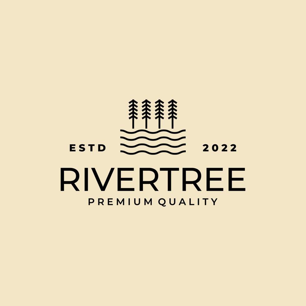 pine tree with river creek logo line art design vector