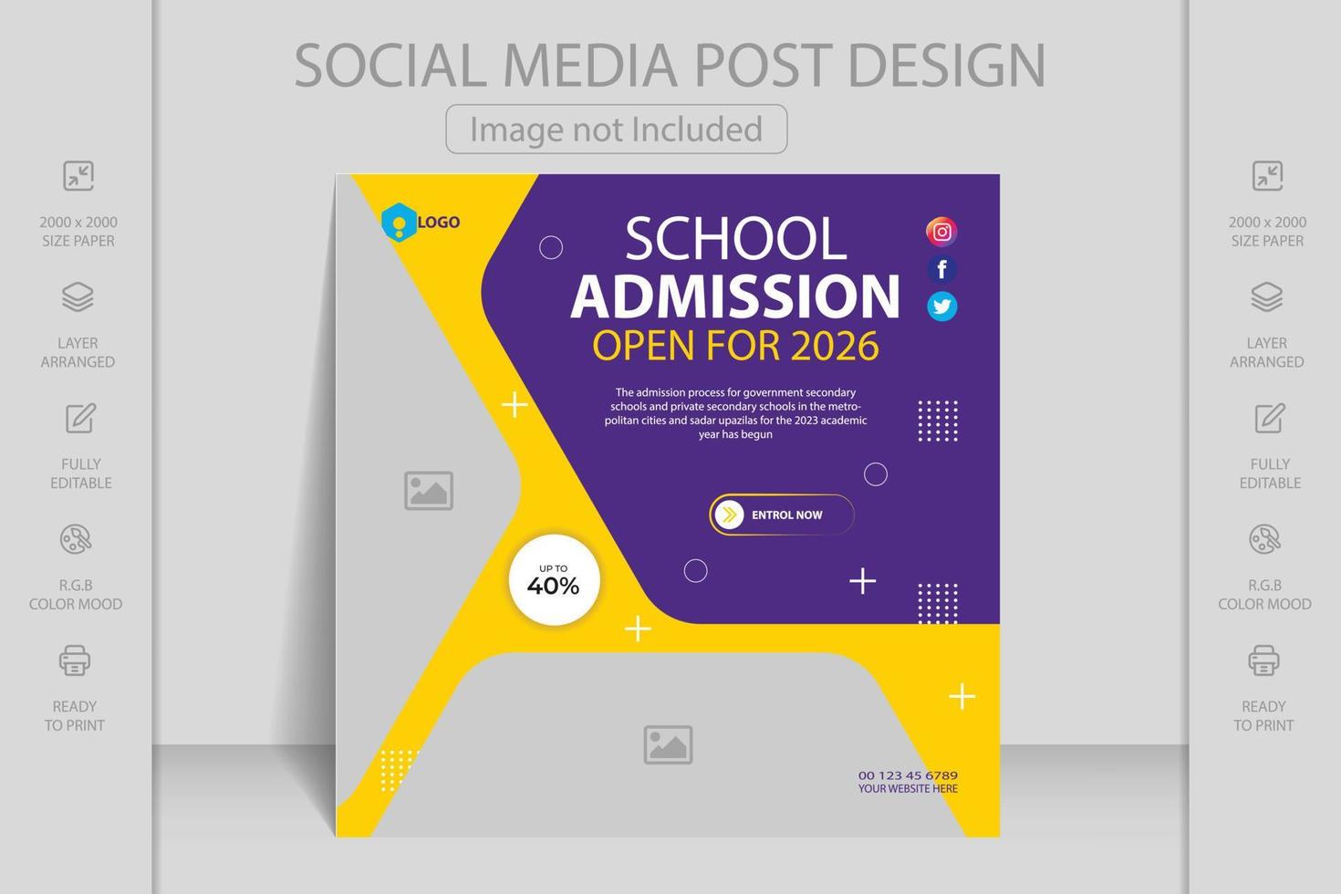 publicación de redes sociales de admisión a la escuela para niños y publicación de instagram y plantilla de banner web vector