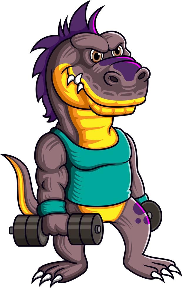 Scary Dinosaur character with dumbbell weights pose vector