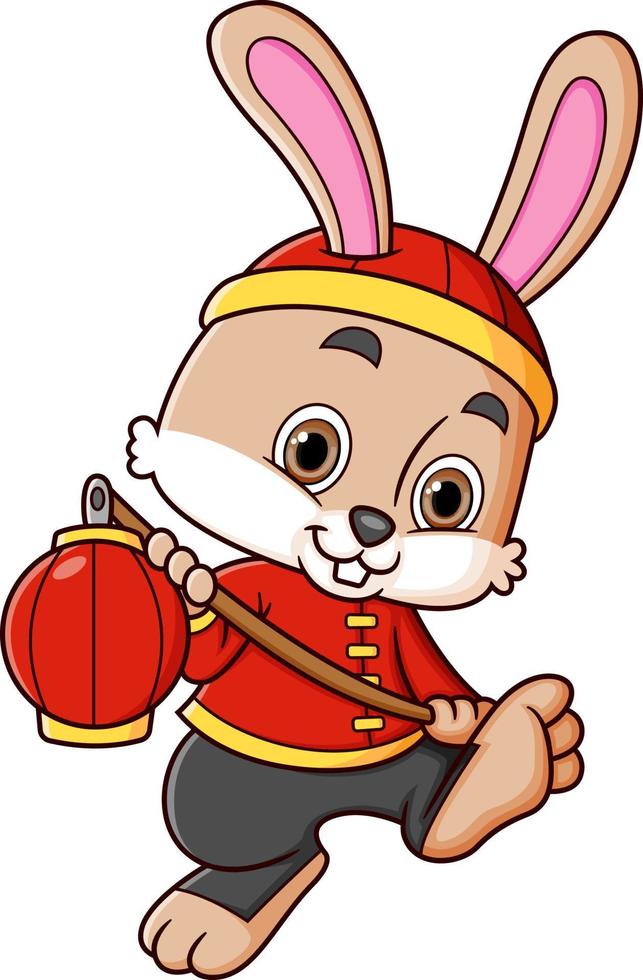 Rabbit wearing chinese traditional dress and carrying chinese red paper lantern for Chinese New Year vector