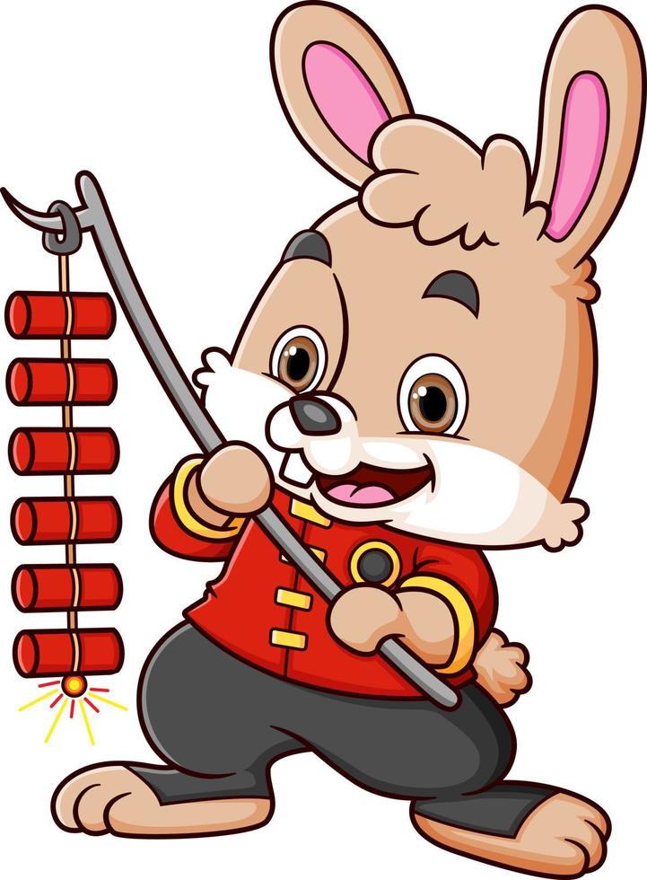 Cute rabbit wearing chinese traditional dress and holding hanging firecrackers vector