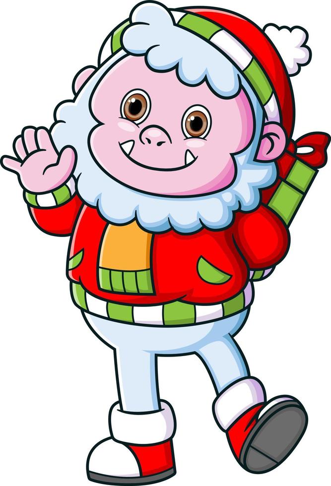 Cute yeti wearing santa costume and hiding a gift vector