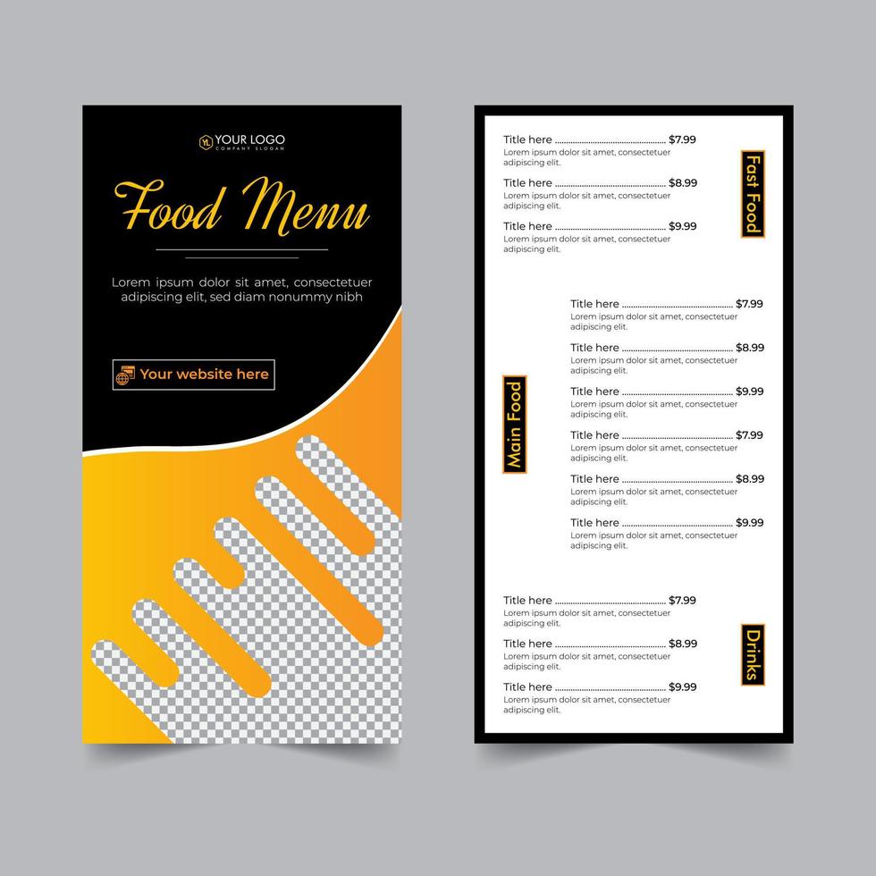 food flyer for restaurant menu card design, cooking recipe for fast food, burger or cocktail party, food poster business dl flyer template vector