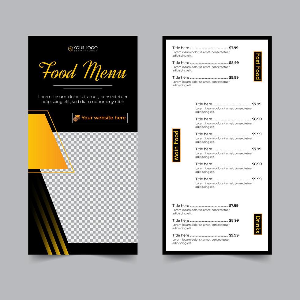 food flyer for restaurant menu card design, cooking recipe for fast food, burger or cocktail party, food poster business dl flyer template vector