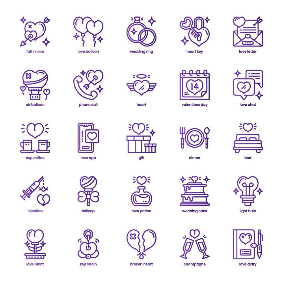 Valentines Day icon pack for your website design, logo, app, and user interface. Valentines Day icon basic line gradient design. Vector graphics illustration and editable stroke.