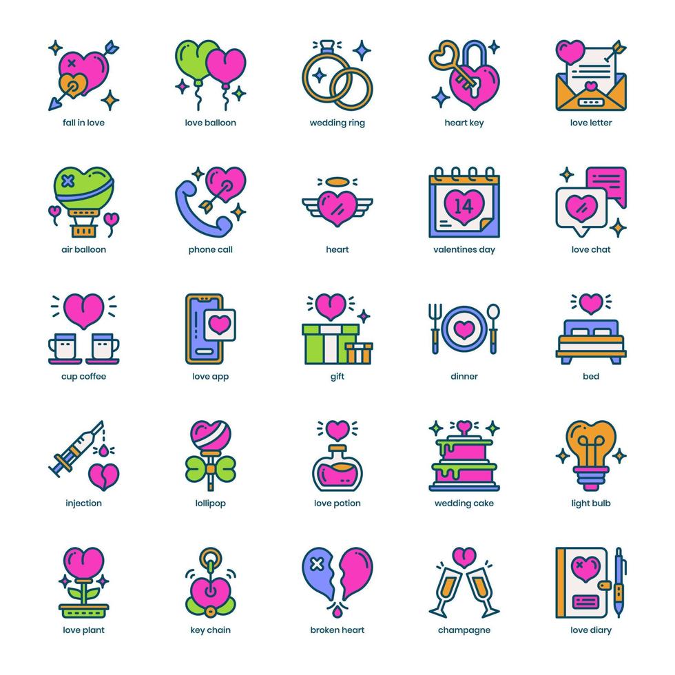 paquete de íconos del día de San Valentín para el diseño de su sitio web, logotipo, aplicación e interfaz de usuario. icono del día de san valentín lleno de diseño de color. ilustración de gráficos vectoriales y trazo editable. vector