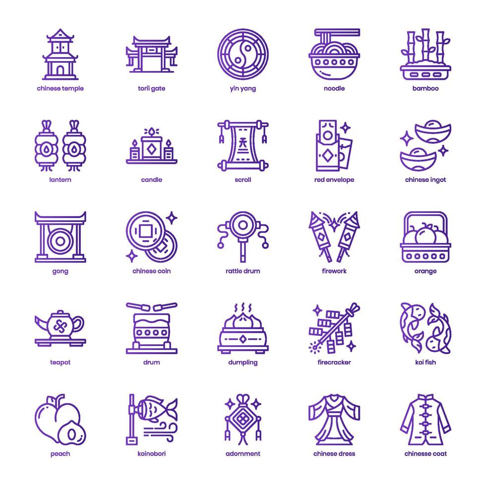 Chinese New Year icon pack for your website design, logo, app, and user interface. Chinese New Year icon basic line gradient design. Vector graphics illustration and editable stroke.