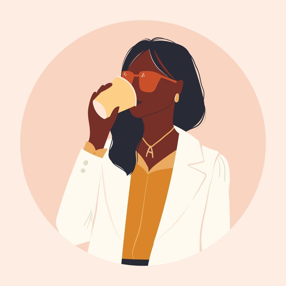 Vector illustration of young stylish african american girl in business suit and sunglasses, drinking coffee.