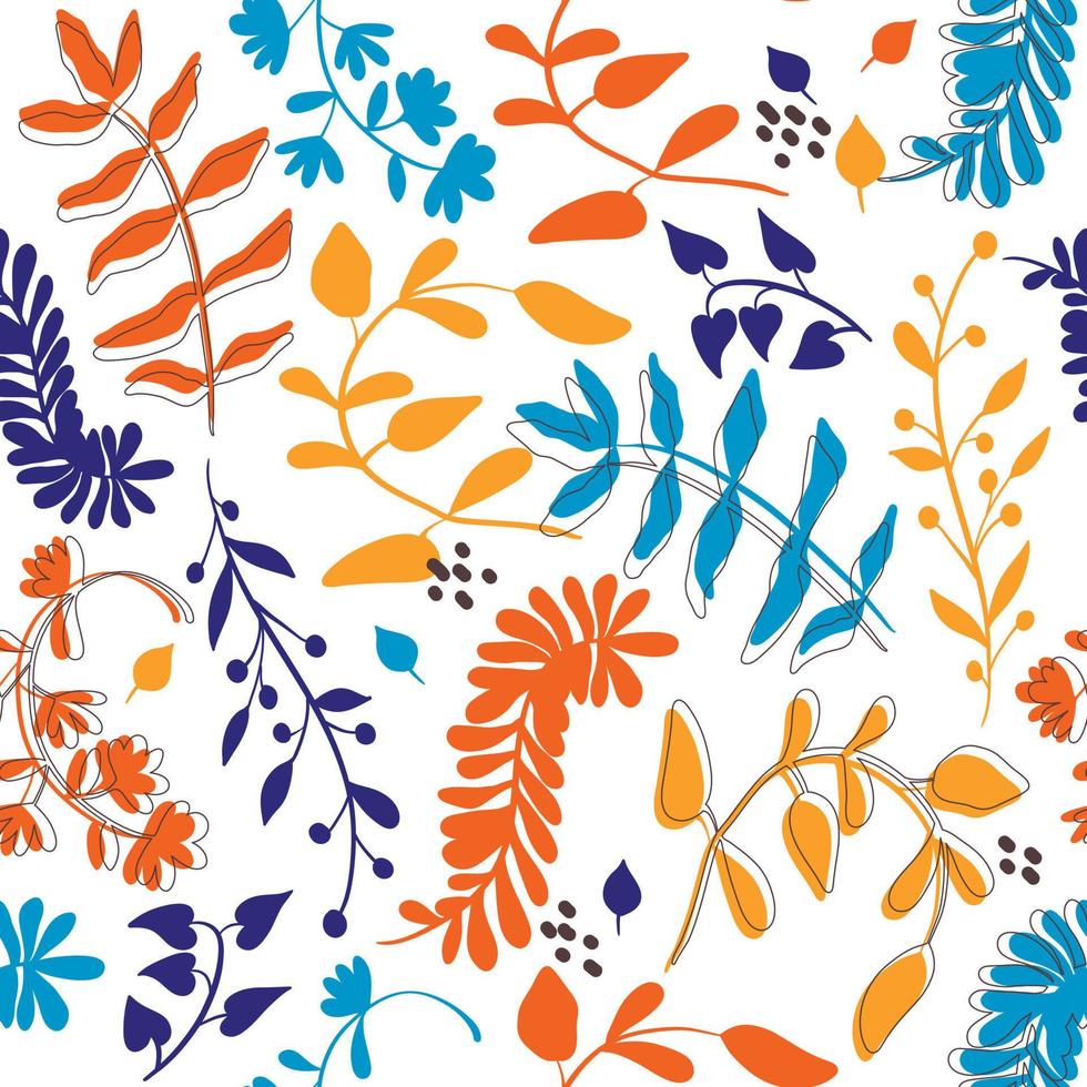 Seamless pattern with multi-colored twigs and stems with leaves and berries. vector