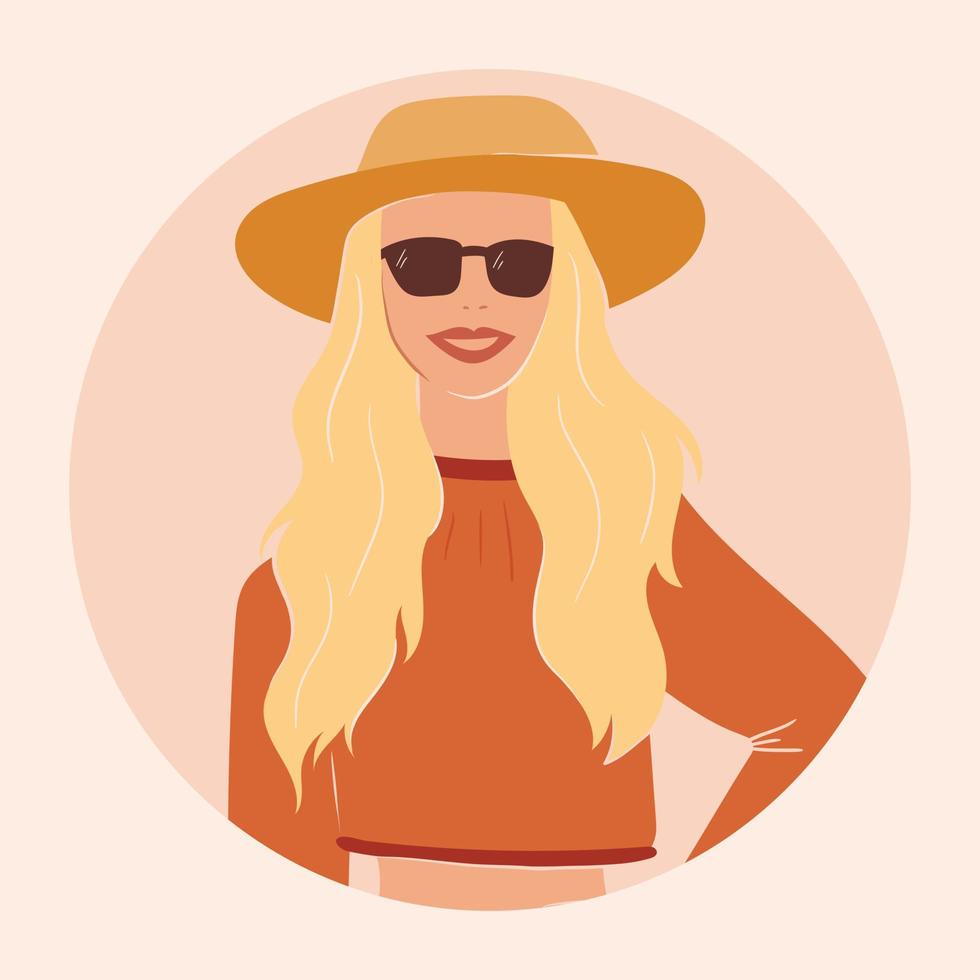 Flat vector illustration of a cheerful modern fashionable girl. Strong beautiful independent woman dressed in stylish clothes. Portrait of a blonde with long hair in a hat and sunglasses.