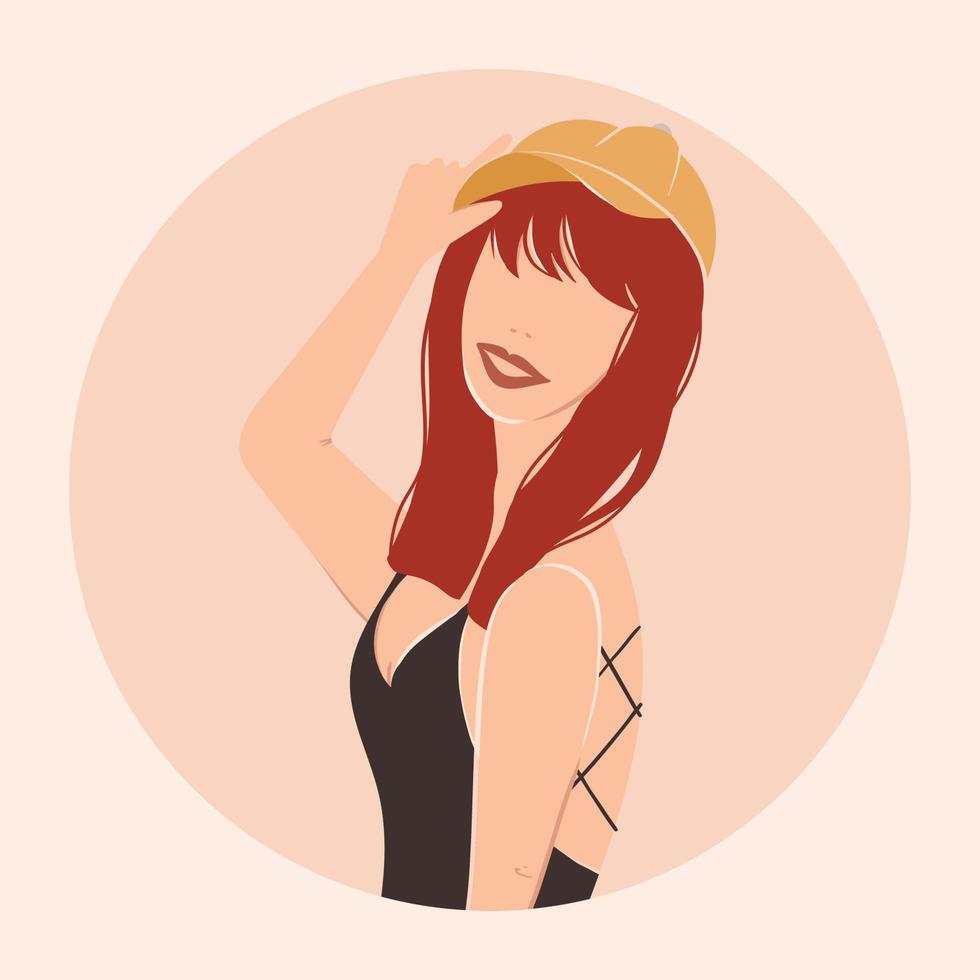 ilustración plana vectorial moderna. joven mujer con estilo sonríe y sostiene una gorra con la mano. retrato en un estilo contemporáneo. vector