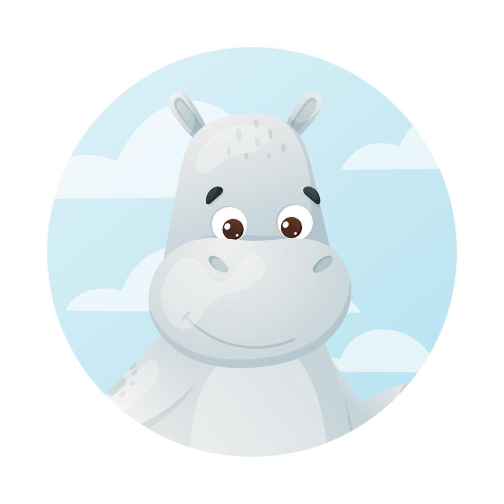 Vector cartoon round banner with a cute hippopotamus on the background of a blue sky with clouds.