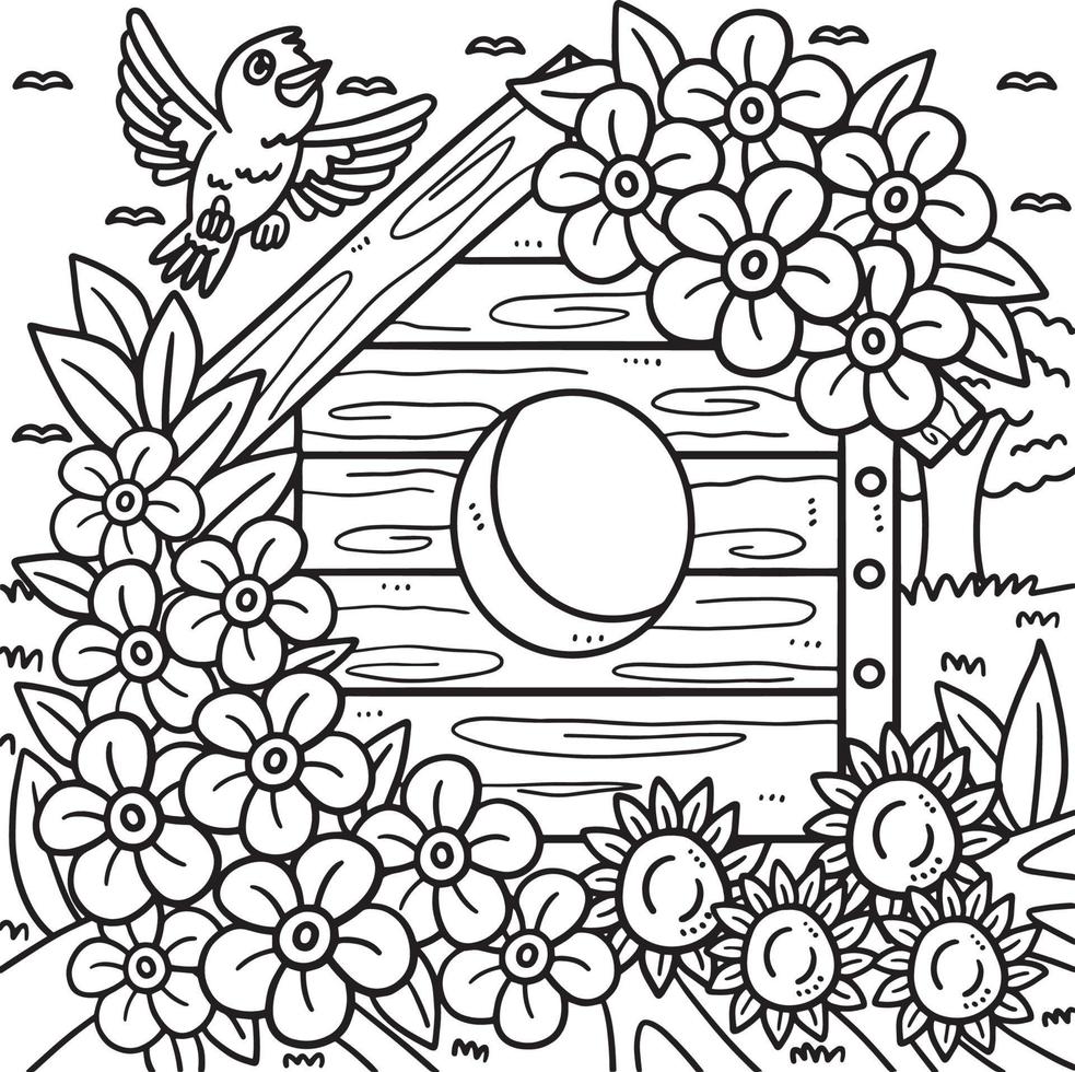 Página para colorear de casa de pájaros de primavera con flores vector