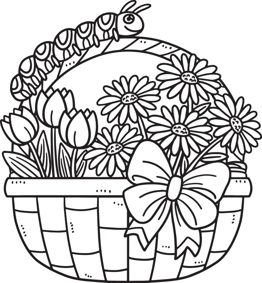 Spring Caterpillar And Basket Of Flowers Isolated vector