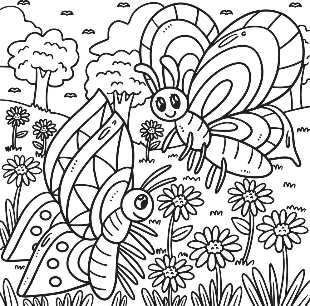 Spring Butterflies Hovering Over Flowers Coloring vector