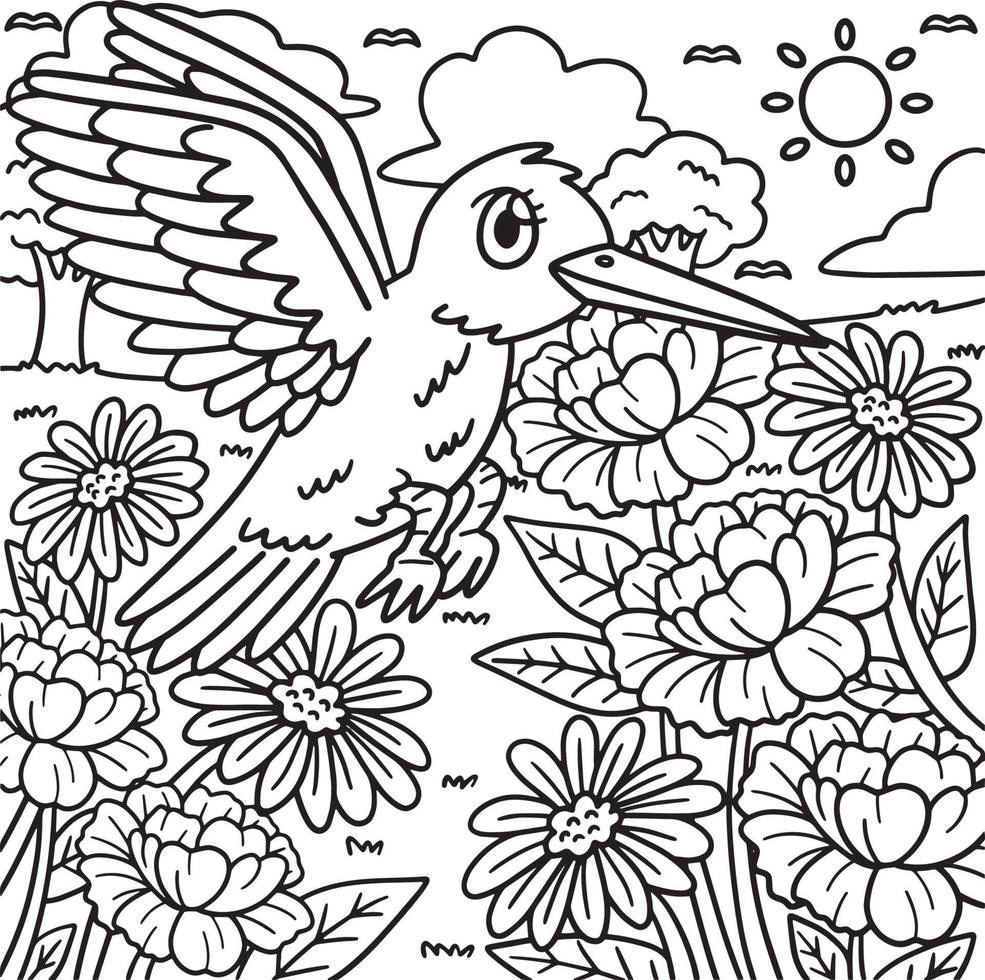 Spring Bird Over Flowers Coloring Page for Kids vector