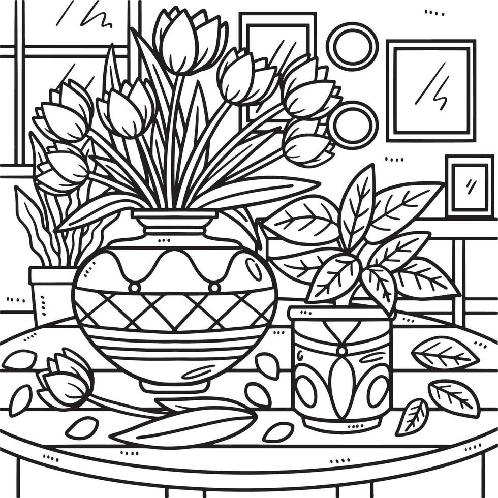 Spring Flowers In A Vase Coloring Page for Kids vector