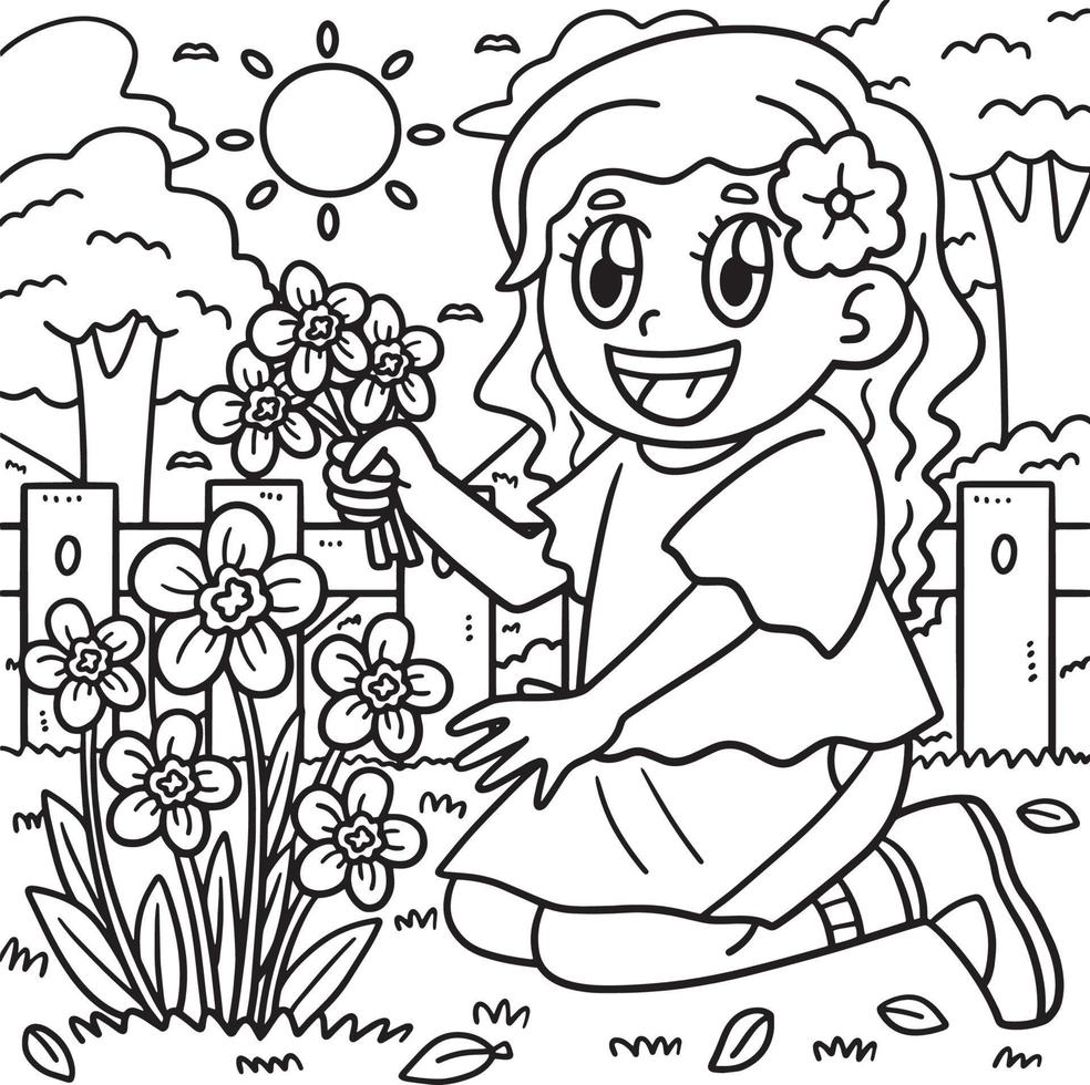 Spring Girl Picking Flowers Coloring Page for Kids vector