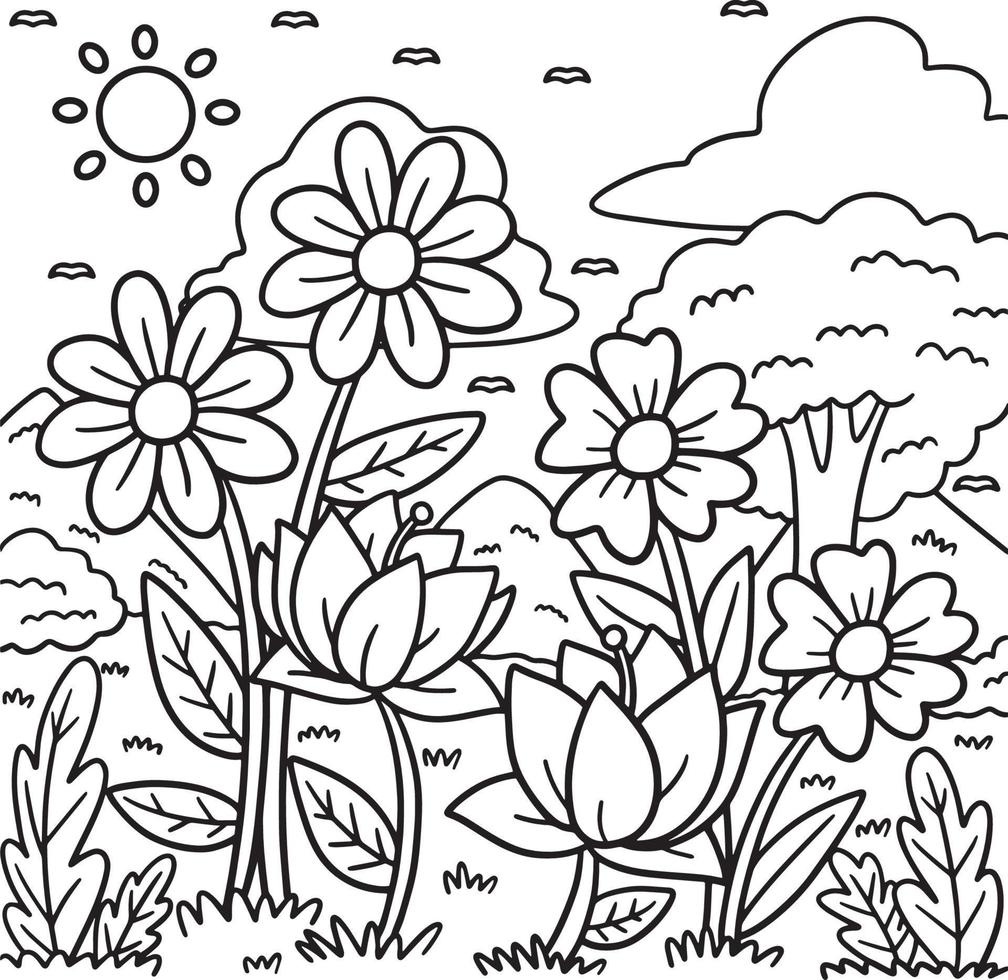 Spring Flowers In A field Coloring Page for Kids vector