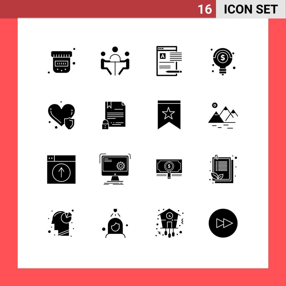 16 User Interface Solid Glyph Pack of modern Signs and Symbols of heart care money document ideas report Editable Vector Design Elements
