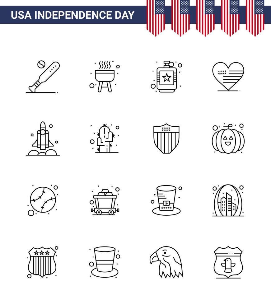 paquete de 16 líneas de celebración del día de la independencia de EE. UU. Signos y símbolos del 4 de julio, como el lanzador líquido de amor alcohólico estadounidense elementos de diseño de vectores del día de EE. UU. editables