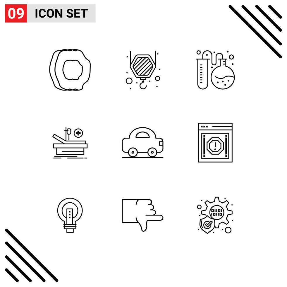 User Interface Pack of 9 Basic Outlines of car hospital lab medical operation Editable Vector Design Elements