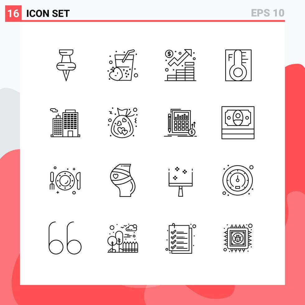 16 Universal Outline Signs Symbols of building sun finance rainy cloud Editable Vector Design Elements