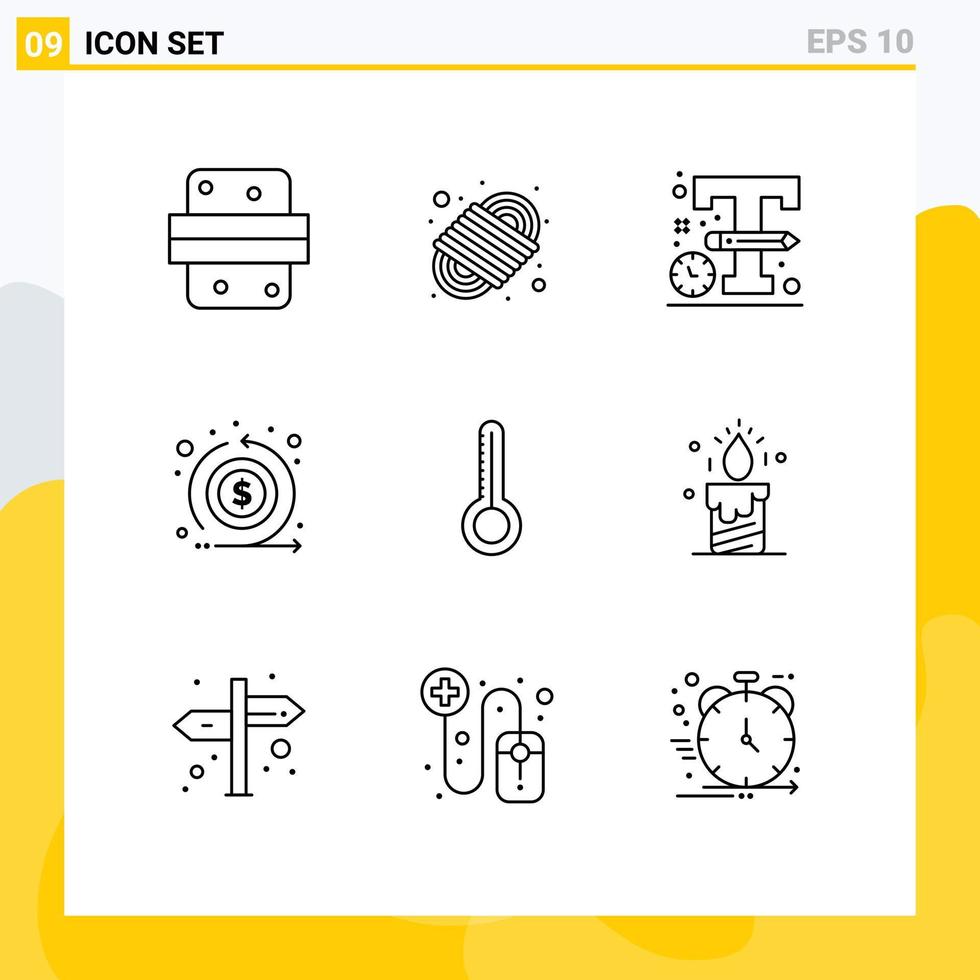 esquema de interfaz móvil conjunto de 9 pictogramas de temperatura inversión cuerda flujo diseño editable vector diseño elementos