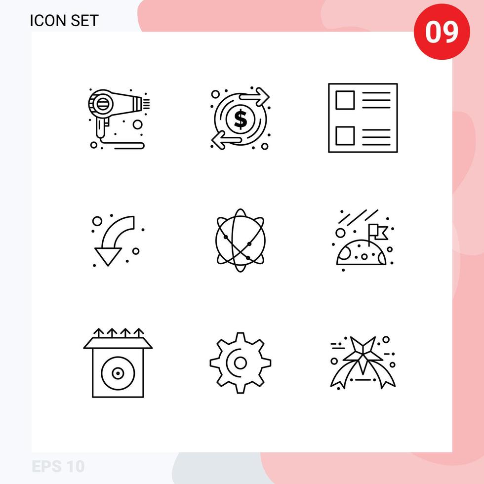 User Interface Pack of 9 Basic Outlines of globe down checkbox left arrows Editable Vector Design Elements